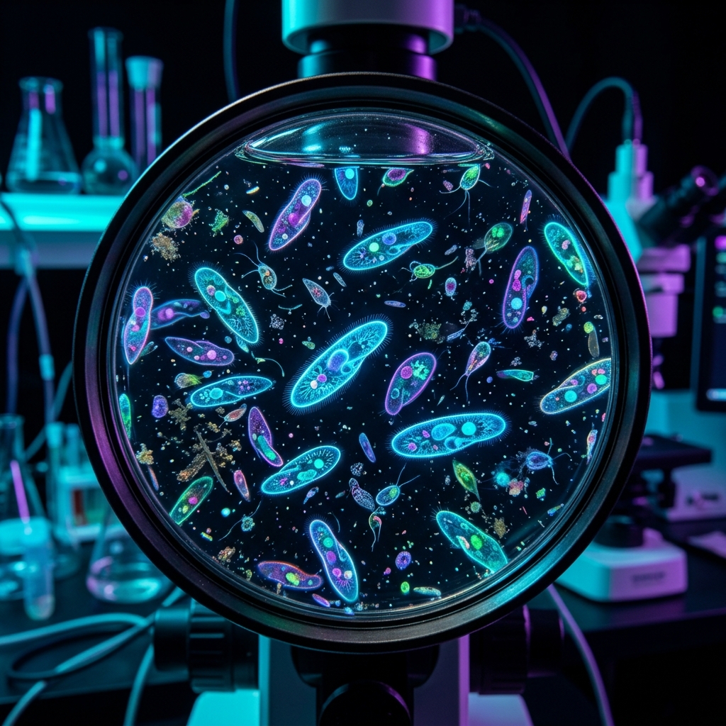 Vista microscópica de paramecios